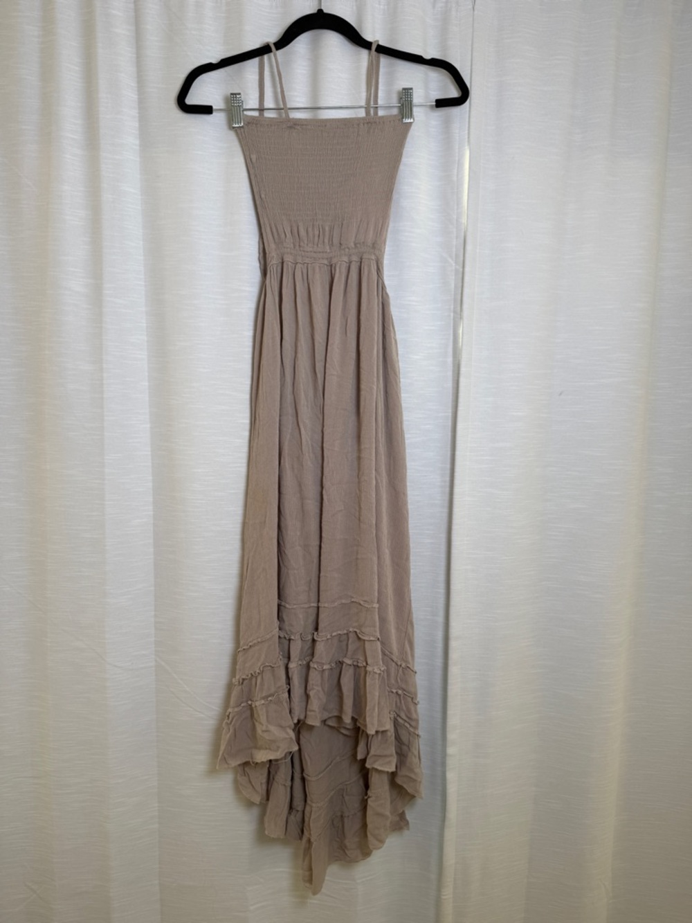 Beige Smocked Maxi Dress Boho Tiered Ruffle Strappy Back Flowy Summer | Size S - Picture 6 of 15